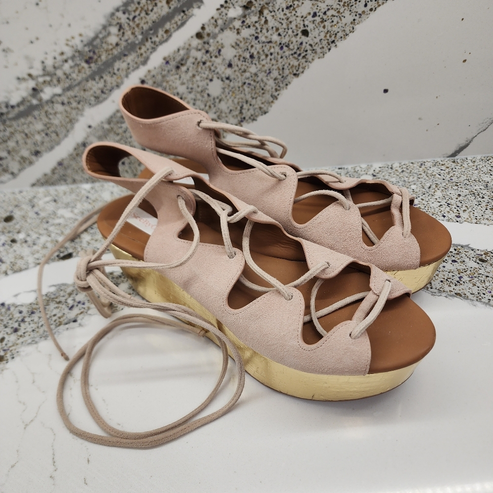 See by Chloé Gold Platform Lace-Up Sandals Size 39 Blush Suede Wedge